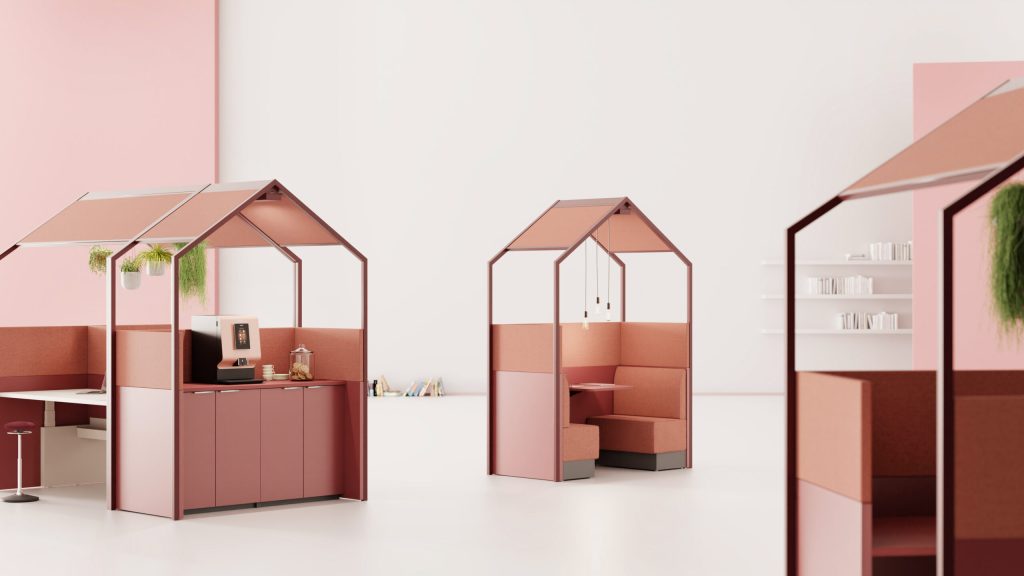 Werkplekinrichting huisjes, terra kleurig mat zitje, werkplek en pantry